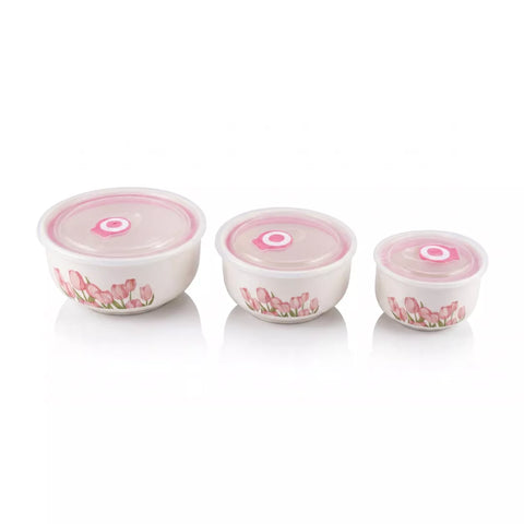 Ceramic Food Storage Bowl Set with Airtight Lids – Floral Design (3 Pieces)