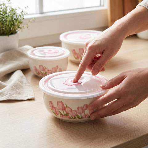 Ceramic Food Storage Bowl Set with Airtight Lids – Floral Design (3 Pieces)