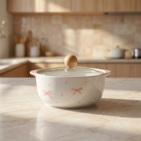 Ceramic Noodle Bowl with Pyrex Lid & Wooden Handle – Ribbon Design