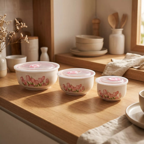 Ceramic Food Storage Bowl Set with Airtight Lids – Floral Design (3 Pieces)