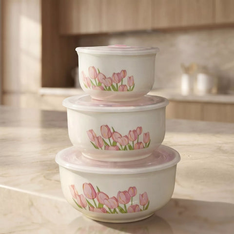 Ceramic Food Storage Bowl Set with Airtight Lids – Floral Design (3 Pieces)
