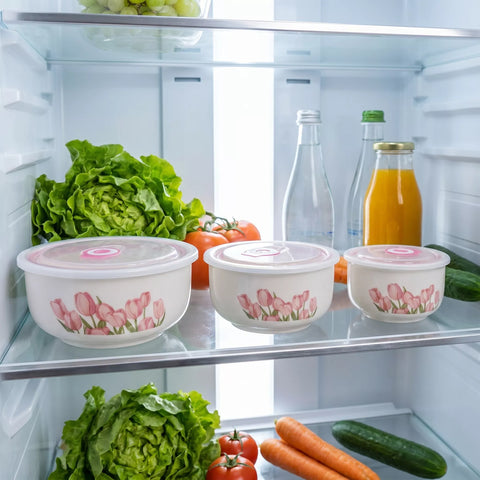 Ceramic Food Storage Bowl Set with Airtight Lids – Floral Design (3 Pieces)