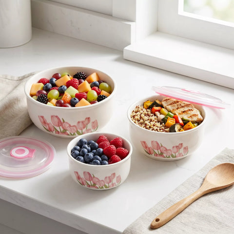 Ceramic Food Storage Bowl Set with Airtight Lids – Floral Design (3 Pieces)