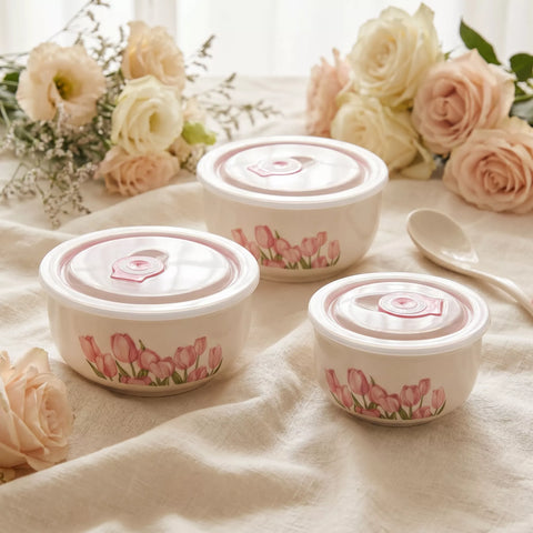 Ceramic Food Storage Bowl Set with Airtight Lids – Floral Design (3 Pieces)