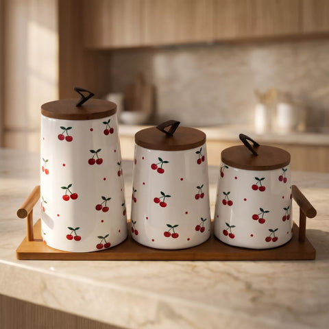Ceramic Storage Canisters Set of 3 with Cherry Pattern & Wooden Tray