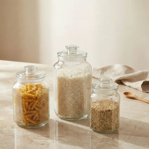 3 PCS Octagonal Glass Storage Jars with Airtight Glass Lids – 2500ml, 2000ml, 1000ml