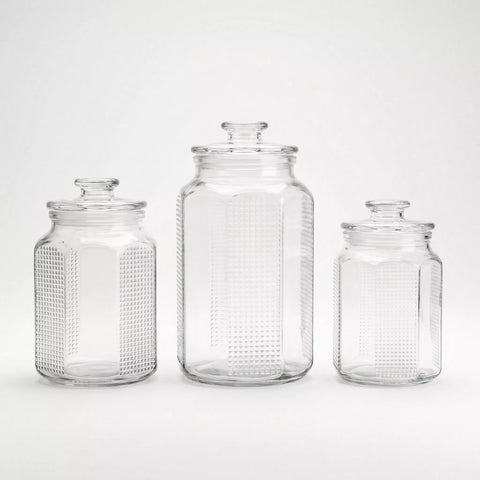 3 PCS Octagonal Glass Storage Jars with Airtight Glass Lids – 2500ml, 2000ml, 1000ml