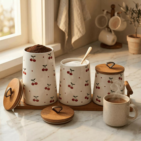 Ceramic Storage Canisters Set of 3 with Cherry Pattern & Wooden Tray