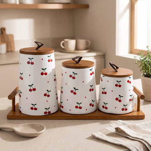 Ceramic Storage Canisters Set of 3 with Cherry Pattern & Wooden Tray