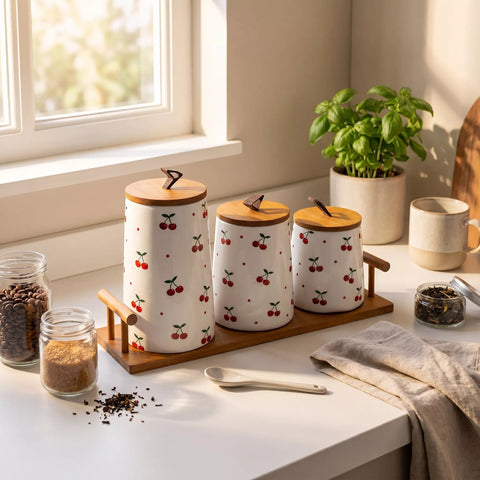 Ceramic Storage Canisters Set of 3 with Cherry Pattern & Wooden Tray