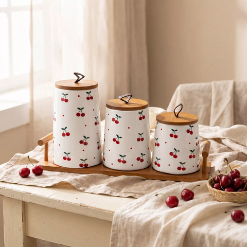 Ceramic Storage Canisters Set of 3 with Cherry Pattern & Wooden Tray