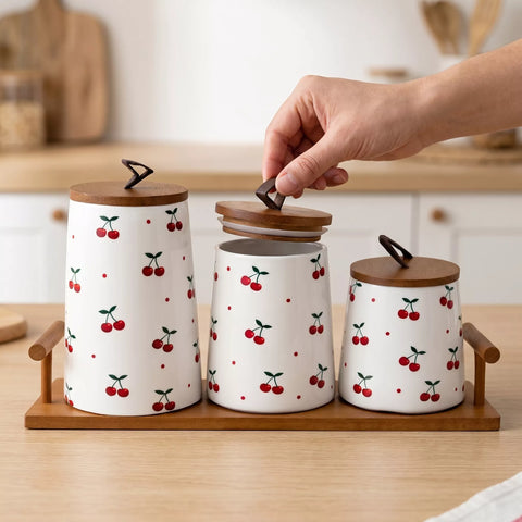 Ceramic Storage Canisters Set of 3 with Cherry Pattern & Wooden Tray