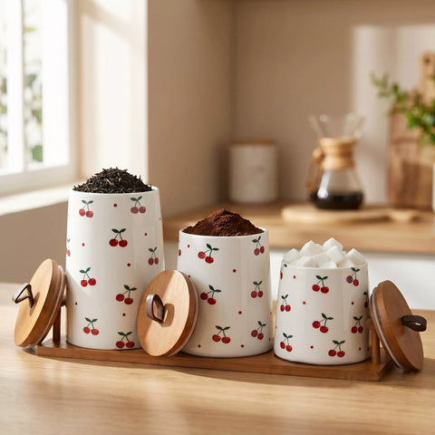 Ceramic Storage Canisters Set of 3 with Cherry Pattern & Wooden Tray