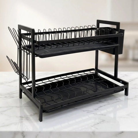 2 Tier Dish Drying Rack – Metal Rack with Drip Tray & 6 Cup Holders