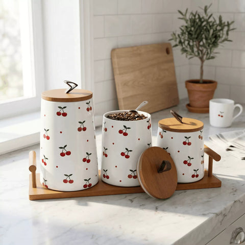 Ceramic Storage Canisters Set of 3 with Cherry Pattern & Wooden Tray