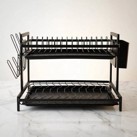 2 Tier Dish Drying Rack – Metal Rack with Drip Tray & 6 Cup Holders