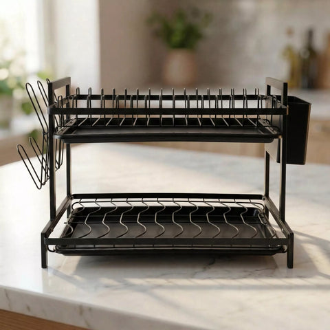 2 Tier Dish Drying Rack – Metal Rack with Drip Tray & 6 Cup Holders
