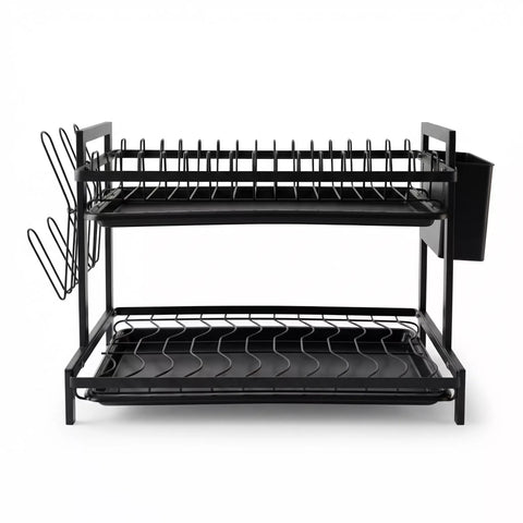 2 Tier Dish Drying Rack – Metal Rack with Drip Tray & 6 Cup Holders