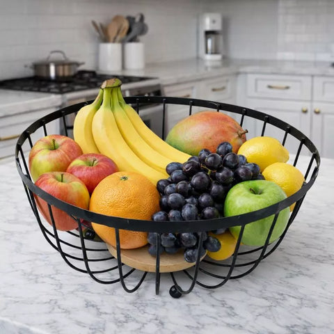 Modern Metal Fruit Plate with Natural Wooden Base – Stylish Kitchen Decor