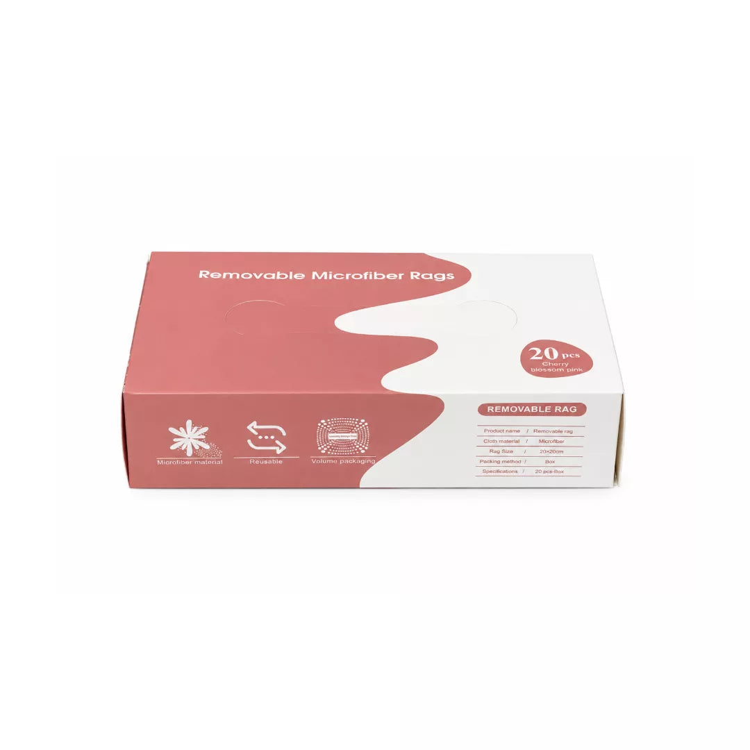 A rectangular box of removable microfiber bags, featuring a white and dusty rose color scheme with product details and icons on the front and side panels.
