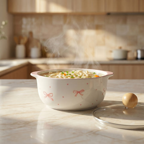 Ceramic Noodle Bowl with Pyrex Lid & Wooden Handle – Ribbon Design