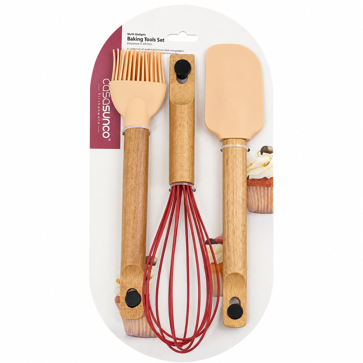 A 3-piece silicone and wood baking tools set by Coghlan's, packaged on a white backing card with a cupcake graphic. The set includes a silicone brush with a wooden handle, a silicone spatula with a wooden handle, and a red wire whisk with a wooden handle.