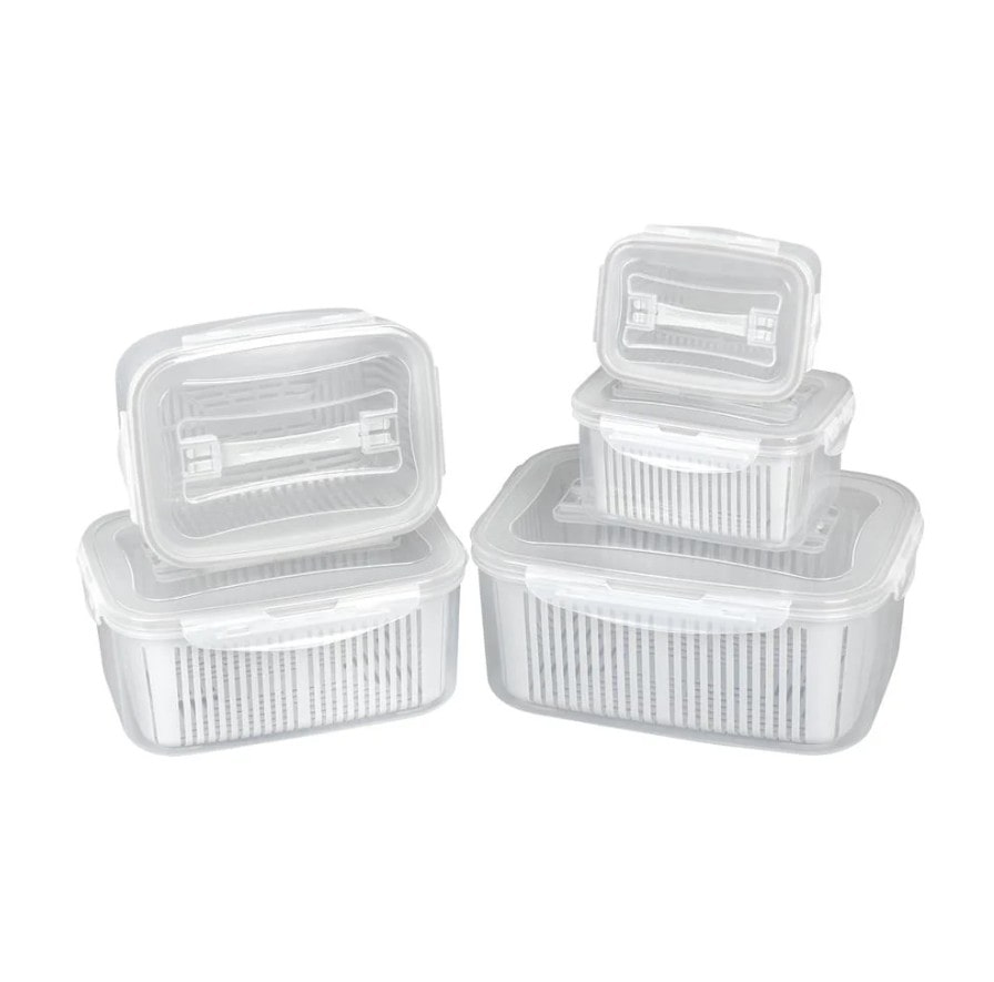 طقم 5 علب تخزين للثلاجة من ILVIA مع مصفاة بلاستيكية لتصفية الفواكه والخضروات – 5-Piece Fridge Storage Container Set with Plastic Strainer by ILVIA