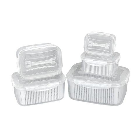 طقم 5 علب تخزين للثلاجة من ILVIA مع مصفاة بلاستيكية لتصفية الفواكه والخضروات – 5-Piece Fridge Storage Container Set with Plastic Strainer by ILVIA