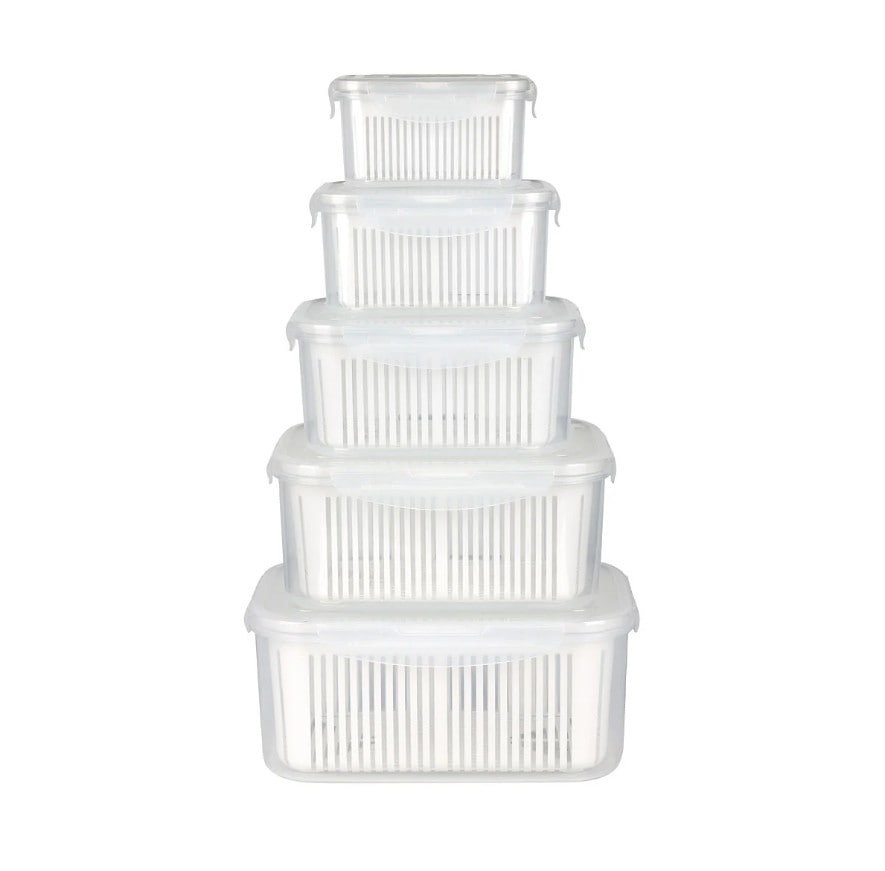 طقم 5 علب تخزين للثلاجة من ILVIA مع مصفاة بلاستيكية لتصفية الفواكه والخضروات – 5-Piece Fridge Storage Container Set with Plastic Strainer by ILVIA