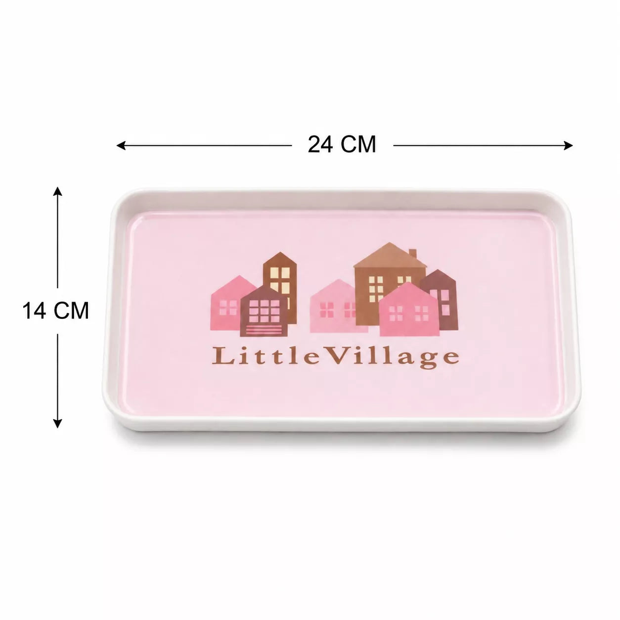 A rectangular pink tray with rounded corners and a printed 'LittleVillage' house illustration, shown with dimension arrows indicating 24 cm width and 14 cm height on a white background.