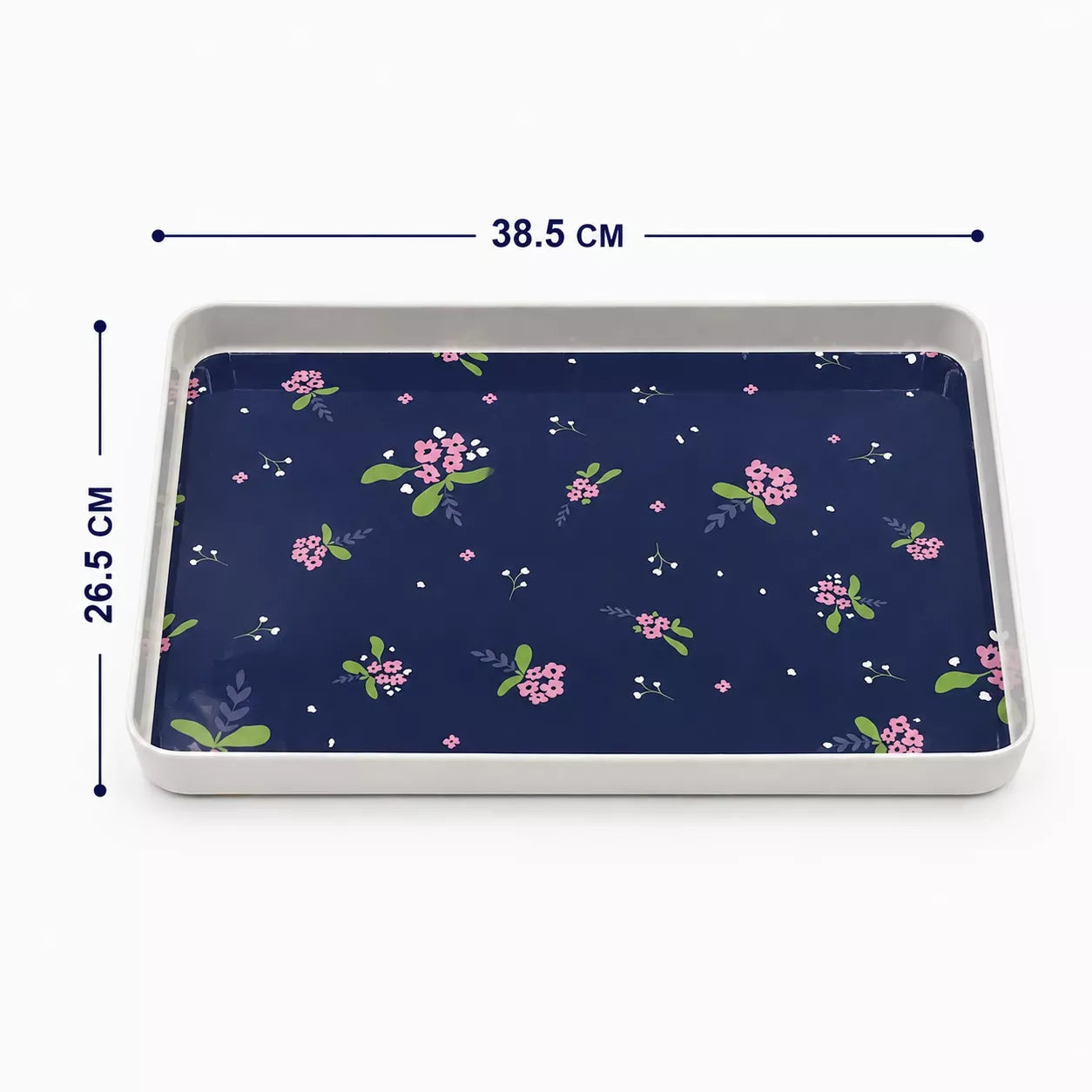 A rectangular tray with a navy blue floral patterned interior and a light gray exterior, shown with dimension lines indicating 38.5 cm width, 26.