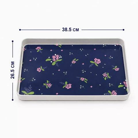 A rectangular tray with a navy blue floral patterned interior and a light gray exterior, shown with dimension lines indicating 38.5 cm width, 26.