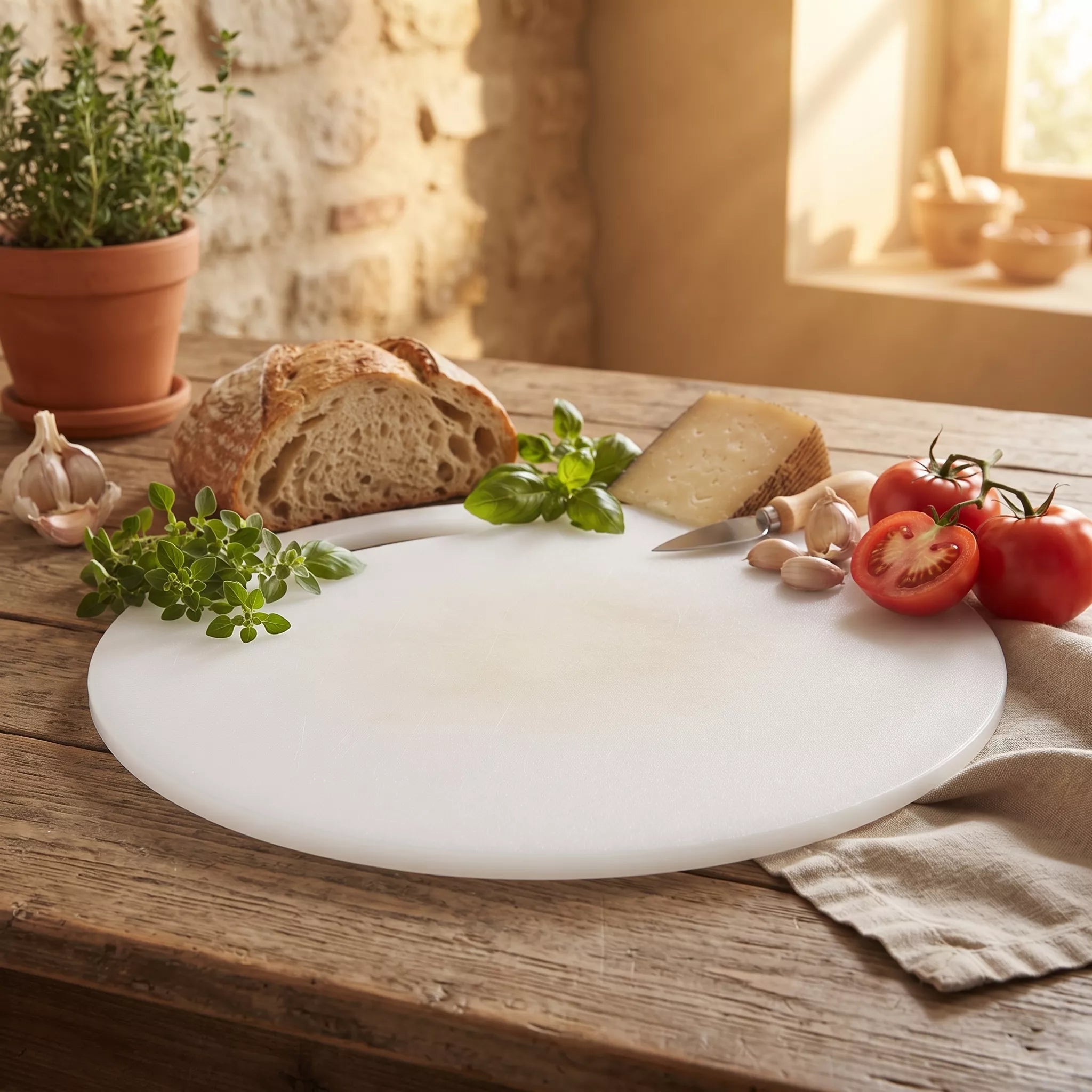 A round white cutting board on a rustic wooden table, surrounded by food props including a slice of bread, cheese, tomatoes, garlic, herbs, and a potted plant in a warm indoor setting.