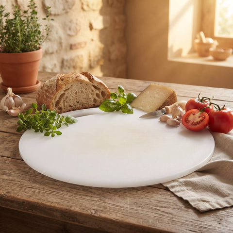 A round white cutting board on a rustic wooden table, surrounded by food props including a slice of bread, cheese, tomatoes, garlic, herbs, and a potted plant in a warm indoor setting.