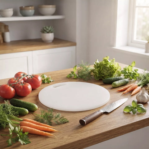 A round white cutting board sits on a wooden kitchen countertop surrounded by fresh vegetables, including tomatoes, carrots, cucumbers, lettuce, and a chef's knife, with a softly blurred kitchen background.