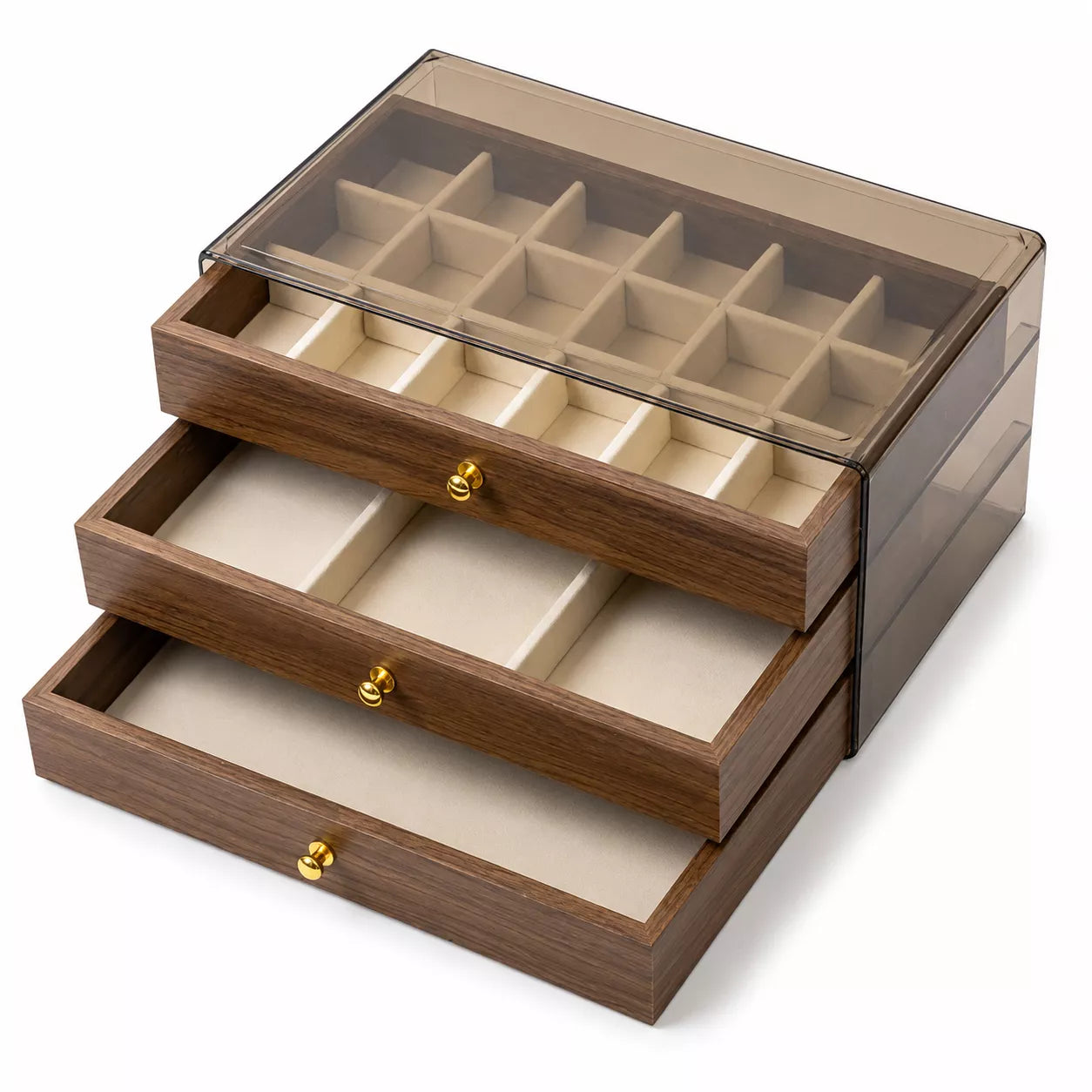 A three-tier wooden jewelry organizer box with a clear acrylic lid, featuring multiple compartments and three pull-out drawers with gold-tone knobs on a white background.