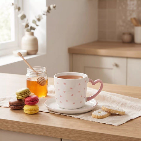A white ceramic mug with pink heart patterns and a pink heart-shaped handle sits on a matching saucer on a wooden table. The mug is styled with a glass jar of honey, macarons, and cookies in a bright, softly blurred kitchen setting.