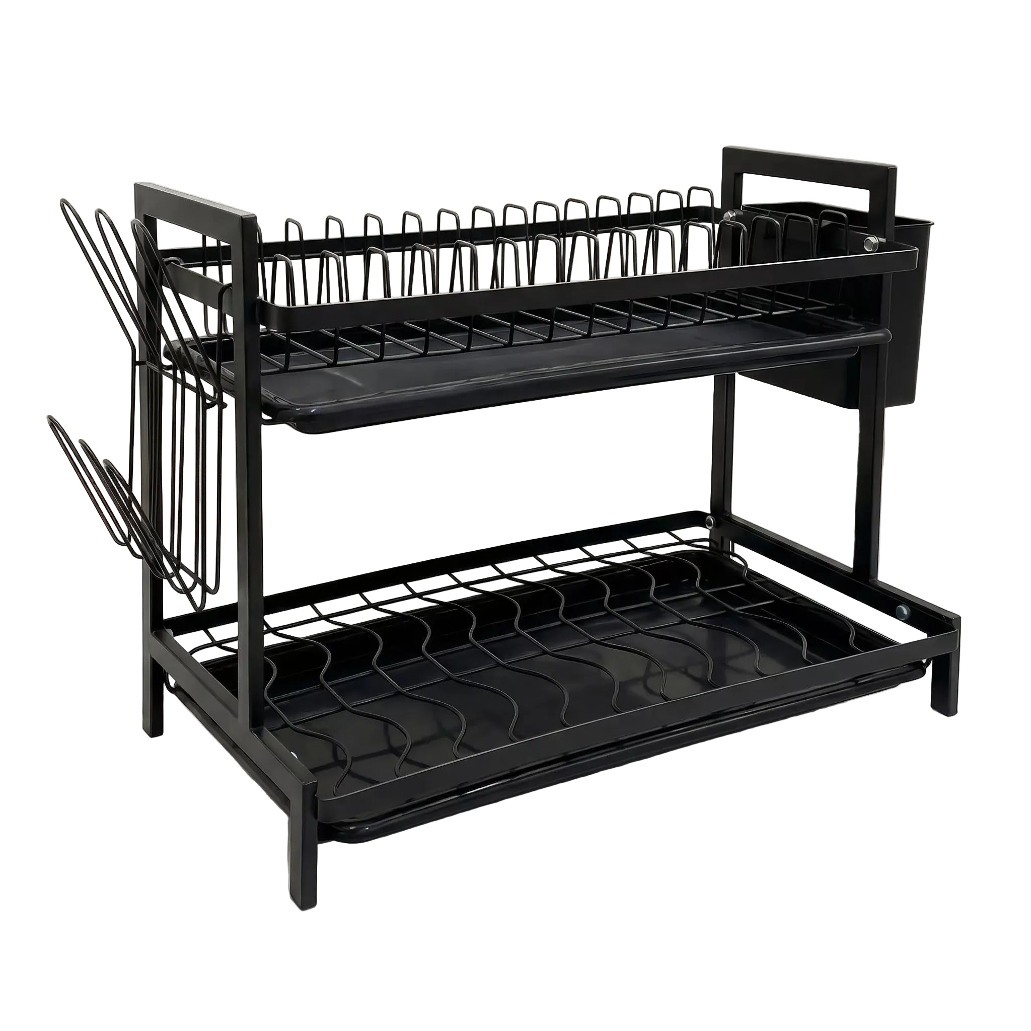 Black dish rack with two shelves on a marble surface