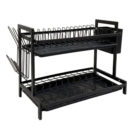 Black dish rack with two shelves on a marble surface