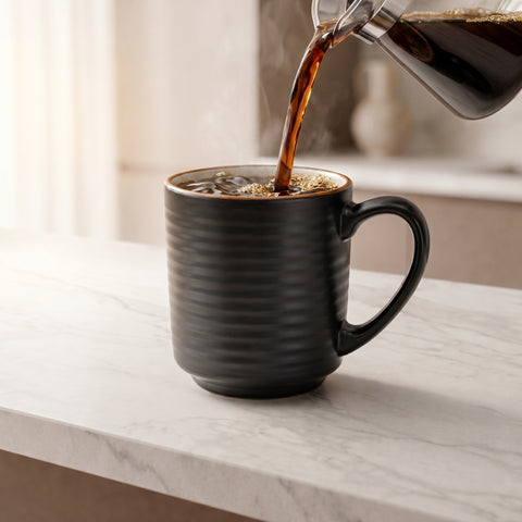 Black mug being filled with hot coffee from a carafe on a marble surface.
