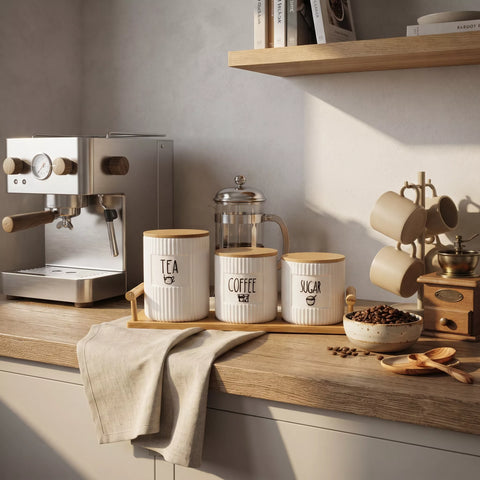 Three ribbed white canisters with light wood lids labeled TEA, COFFEE, and SUGAR sit on a wooden tray on a kitchen counter next to a coffee machine and other kitchen items.