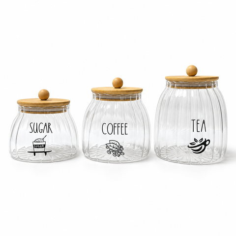 3-Piece Ribbed Glass Storage Jar Set with Bamboo Lids – Tea, Coffee & Sugar