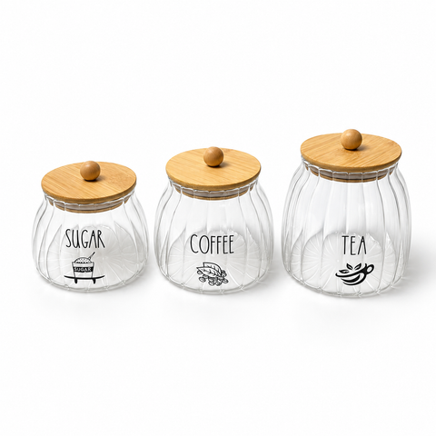 3-Piece Ribbed Glass Storage Jar Set with Bamboo Lids – Tea, Coffee & Sugar