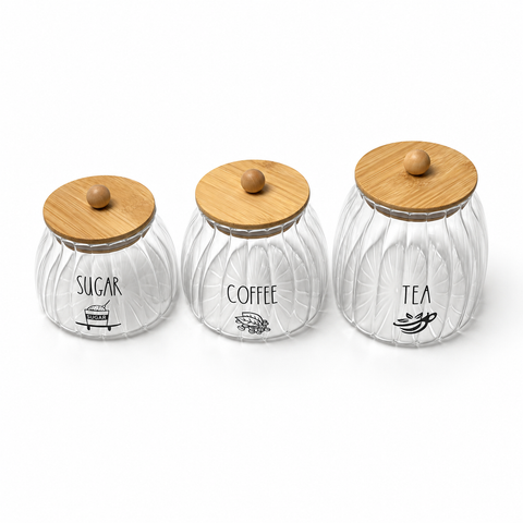 3-Piece Ribbed Glass Storage Jar Set with Bamboo Lids – Tea, Coffee & Sugar