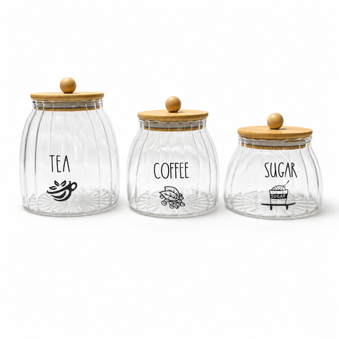 3-Piece Ribbed Glass Storage Jar Set with Bamboo Lids – Tea, Coffee & Sugar