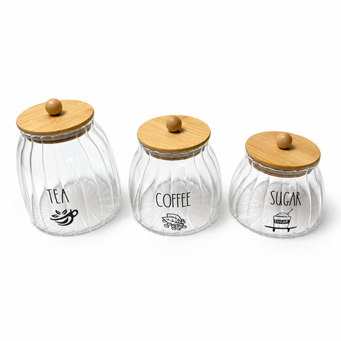 3-Piece Ribbed Glass Storage Jar Set with Bamboo Lids – Tea, Coffee & Sugar