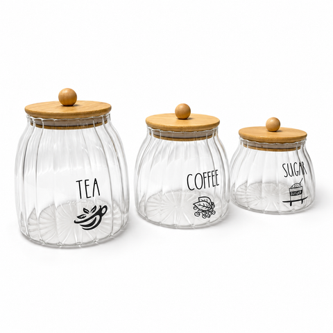 3-Piece Ribbed Glass Storage Jar Set with Bamboo Lids – Tea, Coffee & Sugar