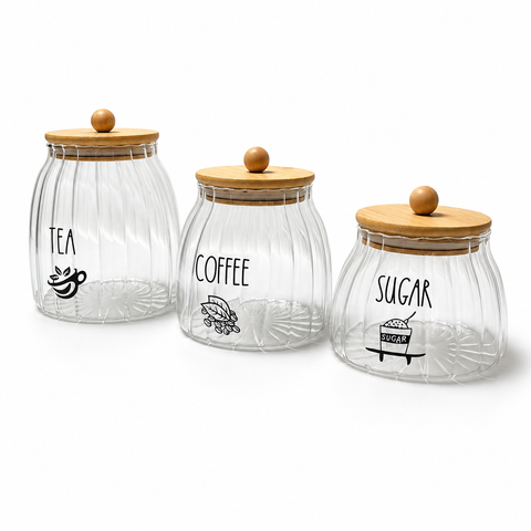 3-Piece Ribbed Glass Storage Jar Set with Bamboo Lids – Tea, Coffee & Sugar