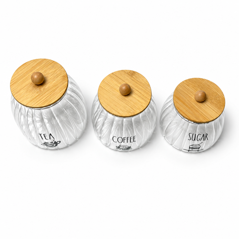 3-Piece Ribbed Glass Storage Jar Set with Bamboo Lids – Tea, Coffee & Sugar