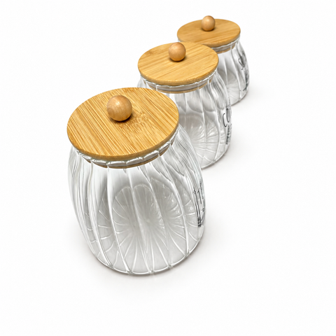 3-Piece Ribbed Glass Storage Jar Set with Bamboo Lids – Tea, Coffee & Sugar